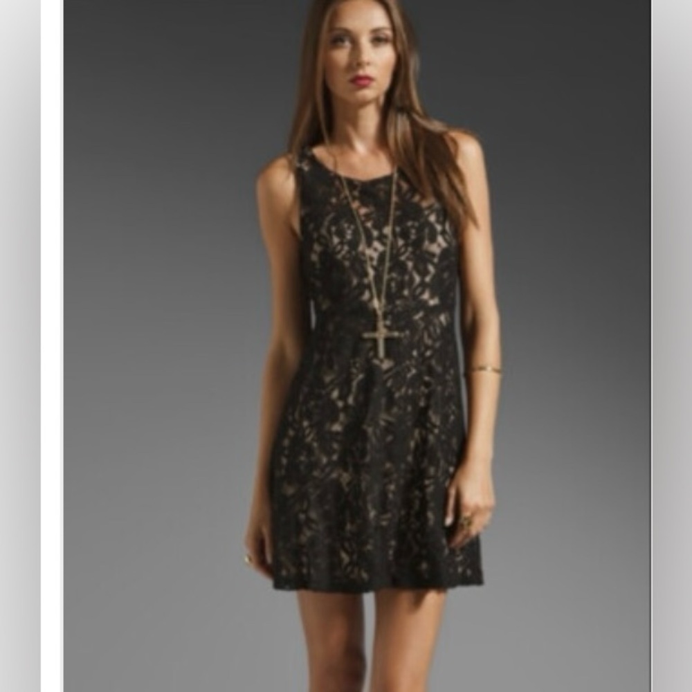 FREE PEOPLE Miles Of Lace Black Dress Nude Slip Floral LBD Cocktail Mini size M